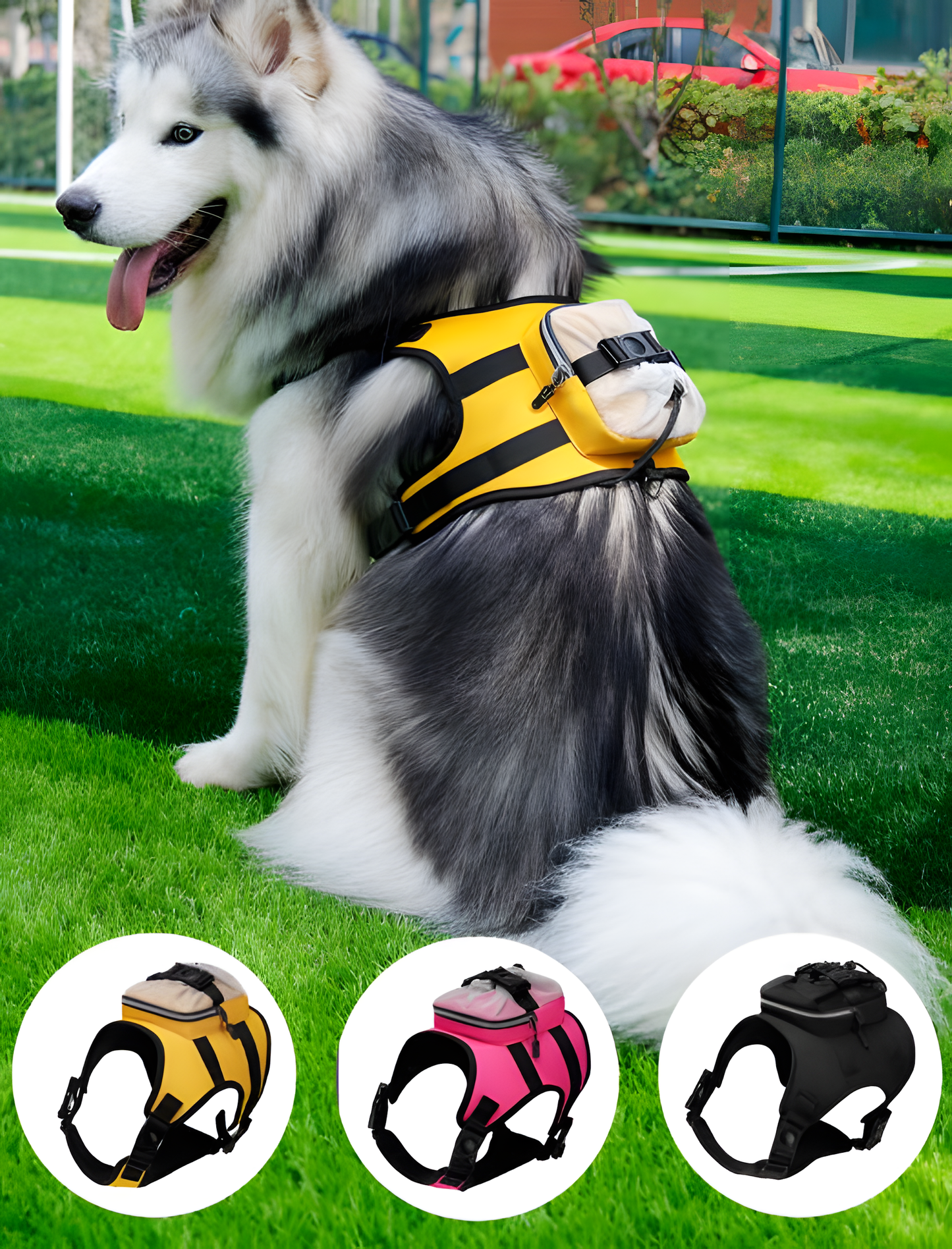 Size L Black and Yellow Ultimate Dog Harness Vest with Backpack - Padded, Reflective & Adjustable for Medium to Large Breeds